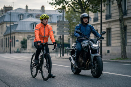 Une cycliste avec un casque jaune et un motard en veste bleue côte à côte sur une rue urbaine.