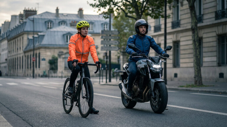 Une cycliste avec un casque jaune et un motard en veste bleue côte à côte sur une rue urbaine.