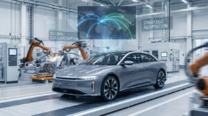 Usine automobile high-tech avec voiture électrique sur chaîne, robots de soudage et écrans holographiques de collaboration globale.
