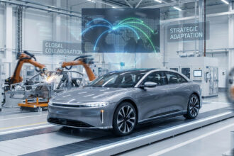 Usine automobile high-tech avec voiture électrique sur chaîne, robots de soudage et écrans holographiques de collaboration globale.