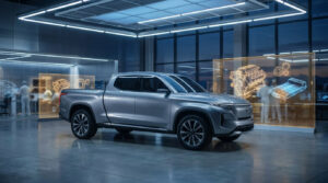 Pick-up électrique GM argenté et futuriste dans un centre de design. Des écrans affichent des schémas de moteur et batterie.