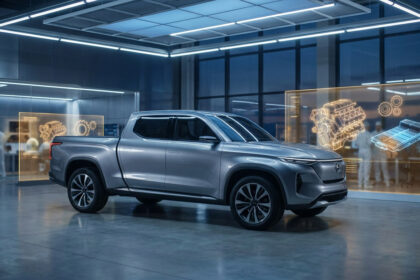 Pick-up électrique GM argenté et futuriste dans un centre de design. Des écrans affichent des schémas de moteur et batterie.
