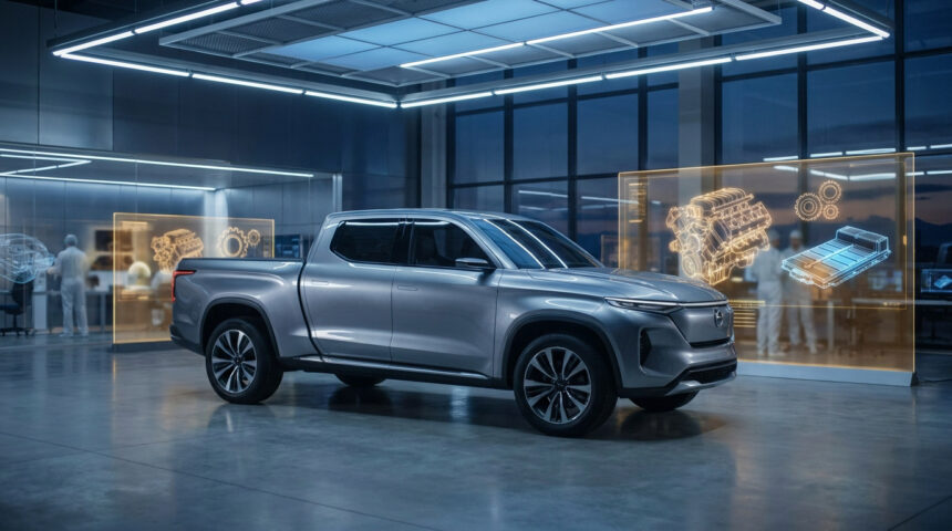 Pick-up électrique GM argenté et futuriste dans un centre de design. Des écrans affichent des schémas de moteur et batterie.