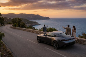 Un groupe élégant contemple la mer au coucher du soleil à côté d'une voiture de sport luxueuse sur une route côtière.