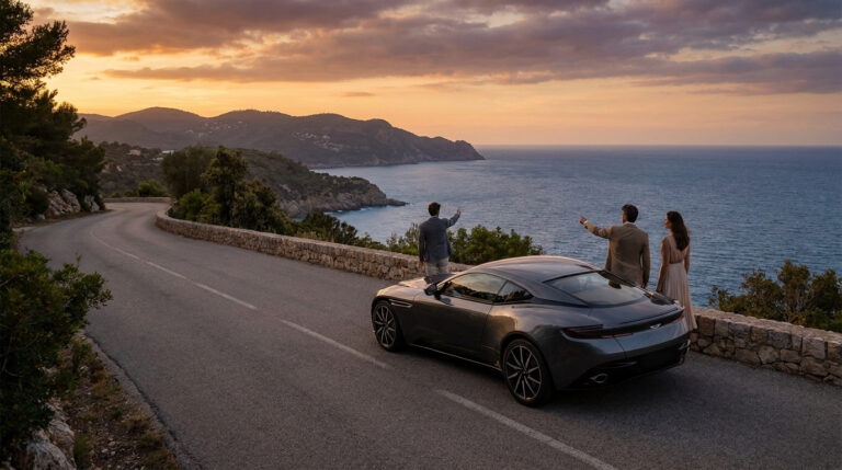 Un groupe élégant contemple la mer au coucher du soleil à côté d'une voiture de sport luxueuse sur une route côtière.