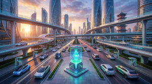 Vue d'une ville futuriste au crépuscule. Gratte-ciel, routes surélevées, véhicules électriques, bornes de recharge et structure cristalline.