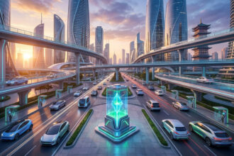 Vue d'une ville futuriste au crépuscule. Gratte-ciel, routes surélevées, véhicules électriques, bornes de recharge et structure cristalline.
