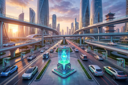 Vue d'une ville futuriste au crépuscule. Gratte-ciel, routes surélevées, véhicules électriques, bornes de recharge et structure cristalline.