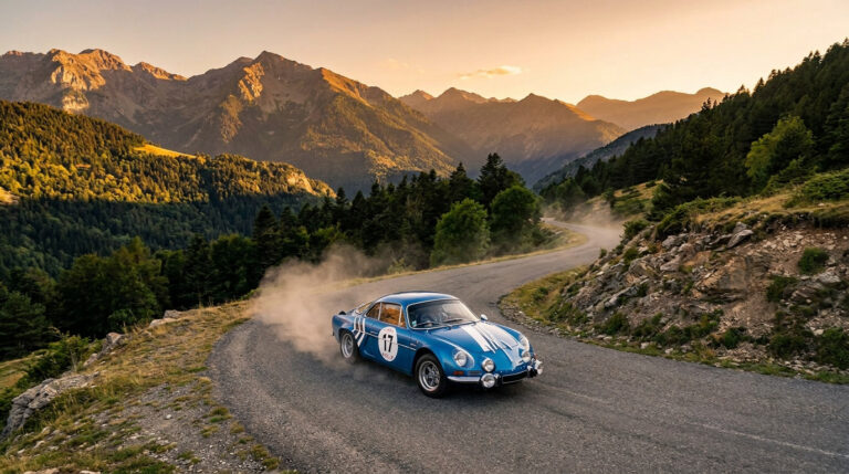 Alpine A110 bleue n°17 sur route de montagne sinueuse, levant de la poussière. Coucher de soleil sur les Pyrénées boisées.