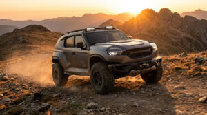 Un concept-car Mitsubishi Pajero moderne évoluant sur un sentier montagneux rocailleux au coucher du soleil.