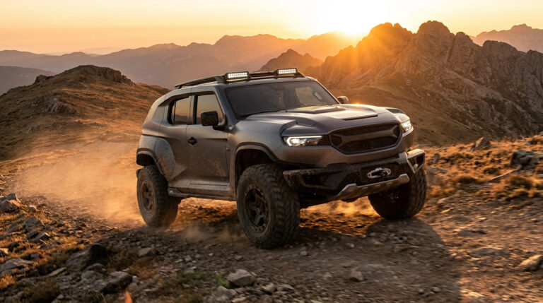 Un concept-car Mitsubishi Pajero moderne évoluant sur un sentier montagneux rocailleux au coucher du soleil.