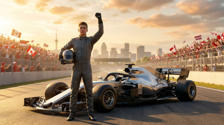 Kimi Antonelli célèbre sa victoire sur le circuit canadien, poing levé devant sa monoplace au coucher du soleil.