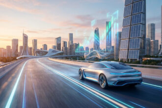 Une voiture futuriste circule sur une autoroute technologique vers une ville durable sous un soleil couchant.
