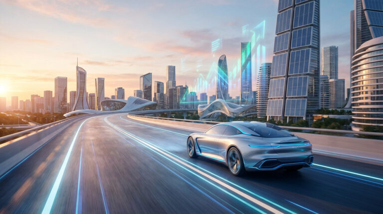 Une voiture futuriste circule sur une autoroute technologique vers une ville durable sous un soleil couchant.