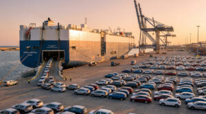Un grand navire transporteur de voitures à quai dans le port de Tarragone, entouré de centaines de véhicules garés.