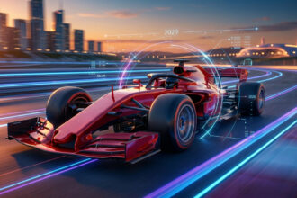Une monoplace rouge de Formule 1 roulant à toute vitesse avec une interface numérique futuriste sur fond de ville.