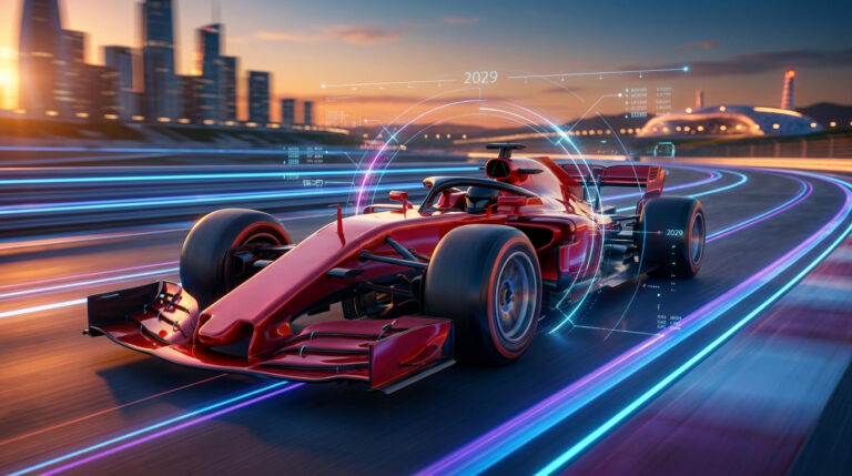 Une monoplace rouge de Formule 1 roulant à toute vitesse avec une interface numérique futuriste sur fond de ville.