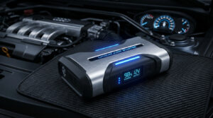 Un booster de batterie lithium moderne avec écran numérique posé sur un tapis protecteur dans un compartiment moteur.