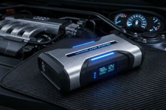 Un booster de batterie lithium moderne avec écran numérique posé sur un tapis protecteur dans un compartiment moteur.