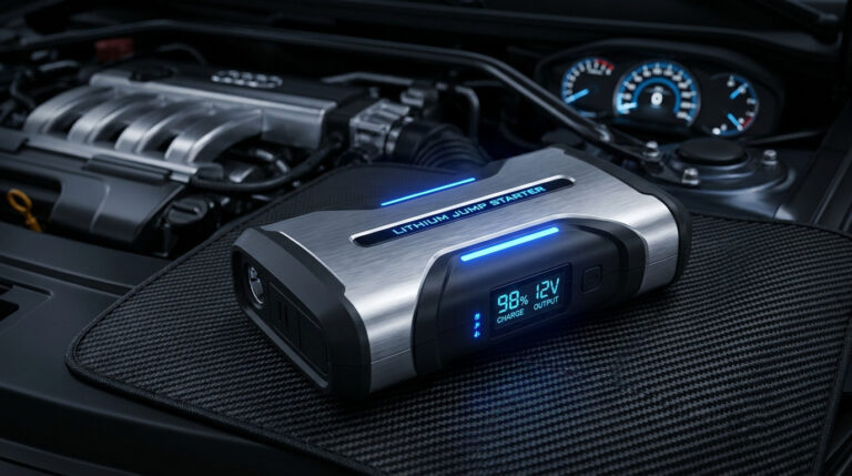 Un booster de batterie lithium moderne avec écran numérique posé sur un tapis protecteur dans un compartiment moteur.