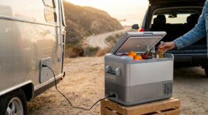 Une glacière électrique moderne branchée à une caravane, remplie de fruits et de boissons lors d'un road trip.