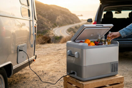 Une glacière électrique moderne branchée à une caravane, remplie de fruits et de boissons lors d'un road trip.