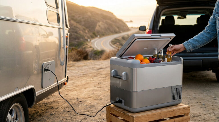 Une glacière électrique moderne branchée à une caravane, remplie de fruits et de boissons lors d'un road trip.