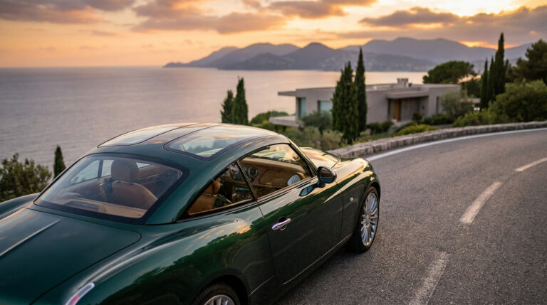 Une Morgan Midsummer Coupé vert foncé avec un toit vitré panoramique garée sur une route côtière au coucher du soleil.