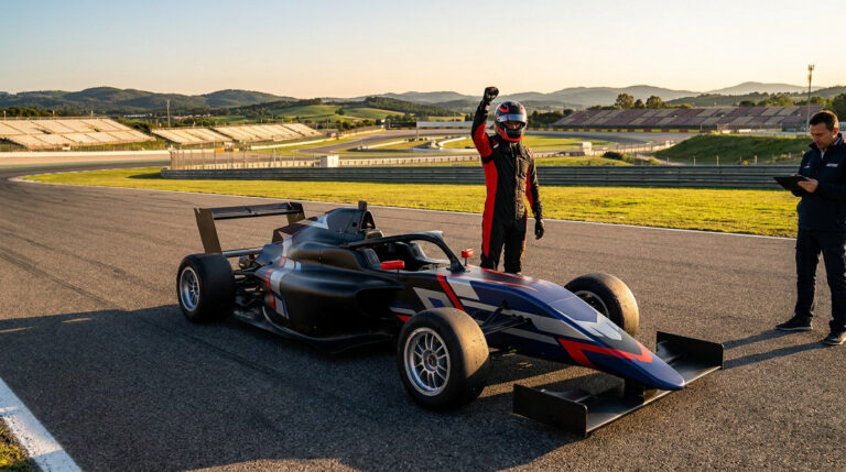 Un pilote de course en tenue et casque lève le poing en signe de victoire à côté d'une monoplace sur un circuit.