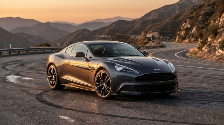 Une Aston Martin Vanquish 25 grise garée sur une route sinueuse en montagne au coucher du soleil.