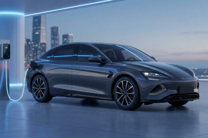 La berline grise BYD Seal 08 en charge sur une borne moderne avec une vue urbaine en arrière-plan.