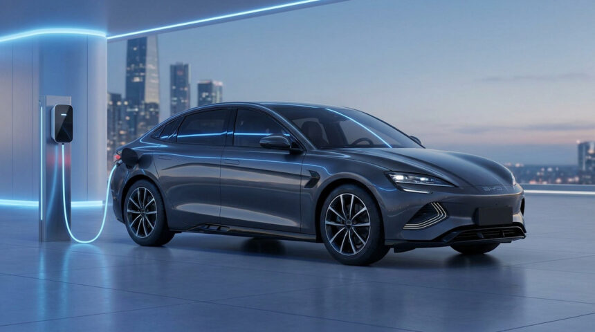 La berline grise BYD Seal 08 en charge sur une borne moderne avec une vue urbaine en arrière-plan.