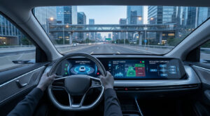 Vue intérieure d'une voiture autonome avec un écran affichant des protocoles de sécurité sur une route urbaine.