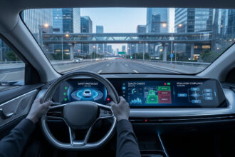 Vue intérieure d'une voiture autonome avec un écran affichant des protocoles de sécurité sur une route urbaine.