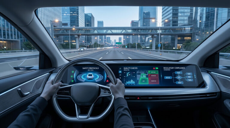 Vue intérieure d'une voiture autonome avec un écran affichant des protocoles de sécurité sur une route urbaine.