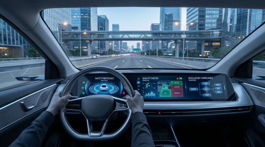 Vue intérieure d'une voiture autonome avec un écran affichant des protocoles de sécurité sur une route urbaine.