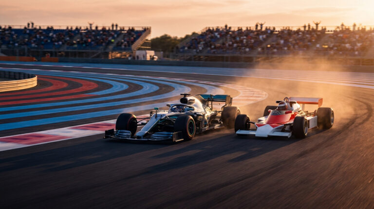 Une Formule 1 moderne et une voiture de course vintage roulent côte à côte sur le circuit du Castellet au coucher du soleil.