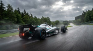 Une voiture de course Mercedes roule sur la piste mouillée du circuit de Spa-Francorchamps sous un ciel nuageux.