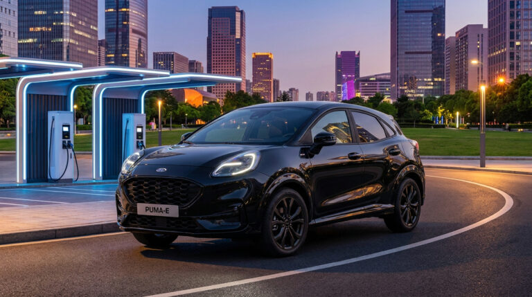 Ford Puma Gen-E noir stationné à une borne de recharge électrique devant des gratte-ciel urbains au crépuscule.