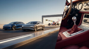 Deux voitures électriques modernes sur un circuit près d'une Formule 1 et l'intérieur luxueux d'une voiture ancienne.