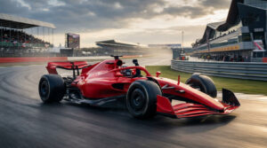 Une monoplace de Formule 1 rouge roule sur le circuit de Silverstone sous un ciel nuageux, le pilote lève le poing.