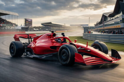 Une monoplace de Formule 1 rouge roule sur le circuit de Silverstone sous un ciel nuageux, le pilote lève le poing.