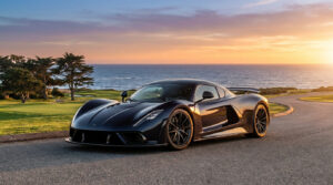 La supercar noire Hennessey Blackbird stationnée sur une route côtière au coucher du soleil.