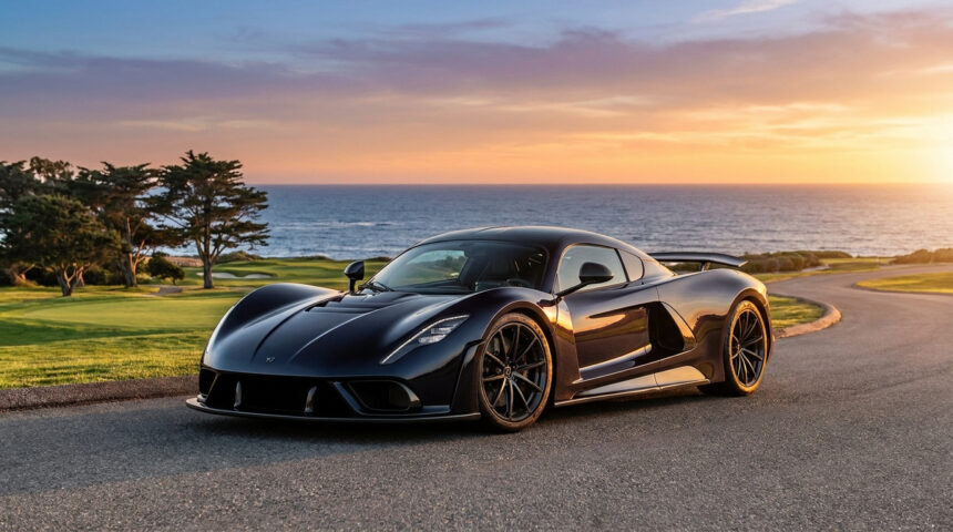 La supercar noire Hennessey Blackbird stationnée sur une route côtière au coucher du soleil.