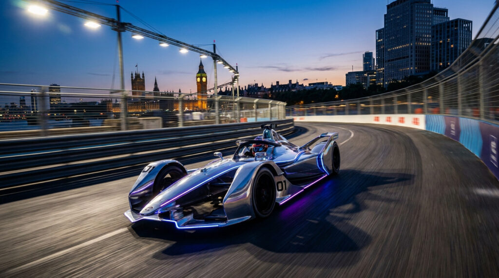 Une monoplace de Formule E chromée avec des bandes lumineuses circulant sur le circuit urbain de Londres au crépuscule.