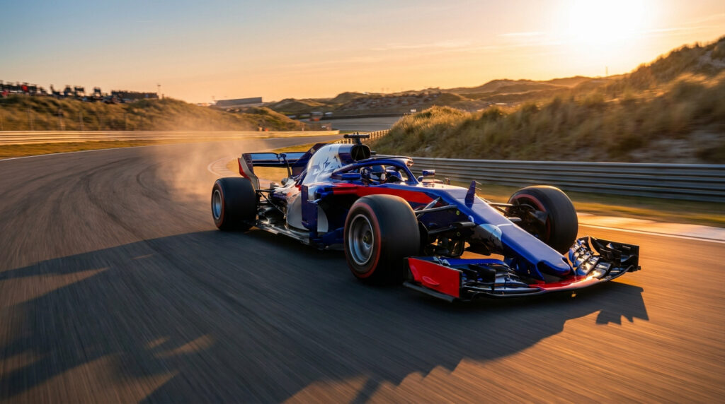 Une monoplace de Formule 1 bleue et rouge prenant un virage sur le circuit de Zandvoort au coucher du soleil.