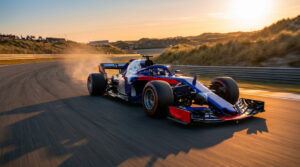 Une monoplace de Formule 1 bleue et rouge prenant un virage sur le circuit de Zandvoort au coucher du soleil.