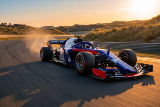 Une monoplace de Formule 1 bleue et rouge prenant un virage sur le circuit de Zandvoort au coucher du soleil.