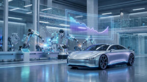 Une voiture futuriste dans une usine automatisée avec des graphiques financiers projetés en hologramme.