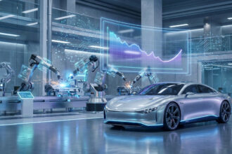 Une voiture futuriste dans une usine automatisée avec des graphiques financiers projetés en hologramme.
